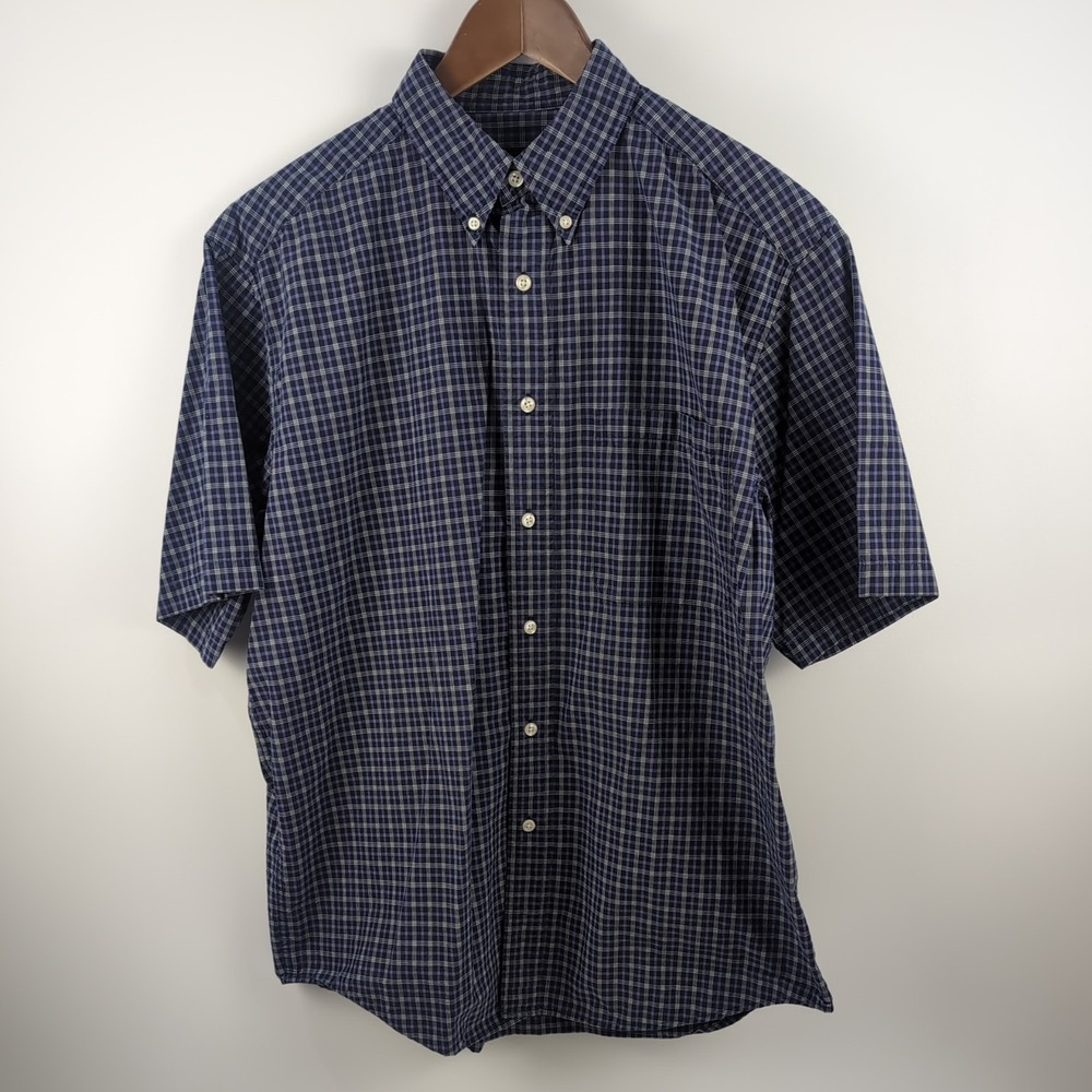 Eddie Bauer Mens Medium Short Sleeve Button Down Shirt Plaid Navy Purple Cotton